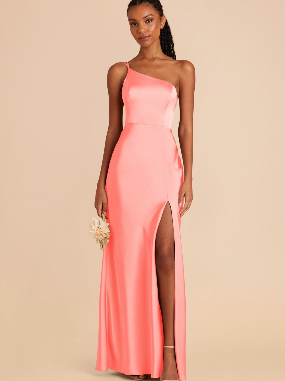 Birdy Grey Coral Pink One Shoulder Satin Maxi Dress Bridesmaid Gown